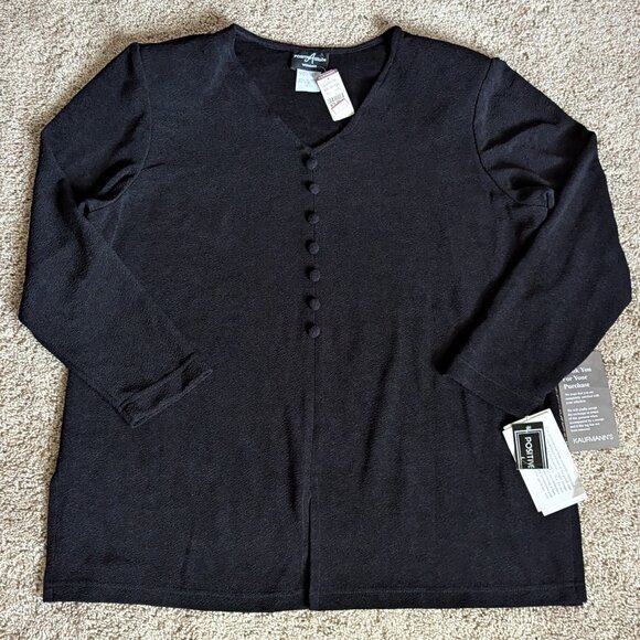 Vintage Tunic Womens 20 Black V-Neck Boucle Faux Button Placard NWT - Picture 1 of 10